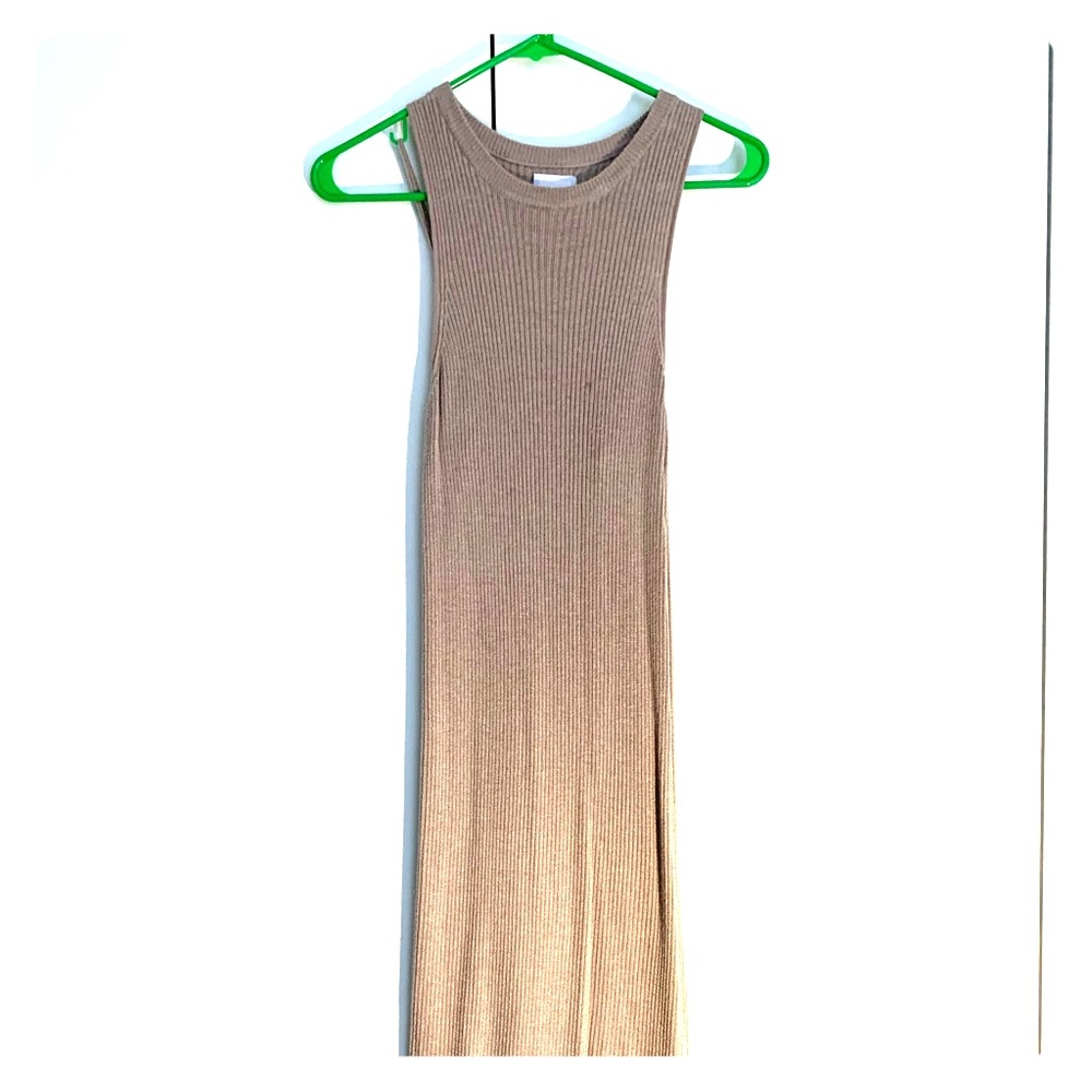 Beige Knit Asymmetric Bodycon Midi Dress